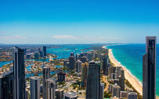 Skyline shot of Surfers Paradise looking towards Southport Gold Coast